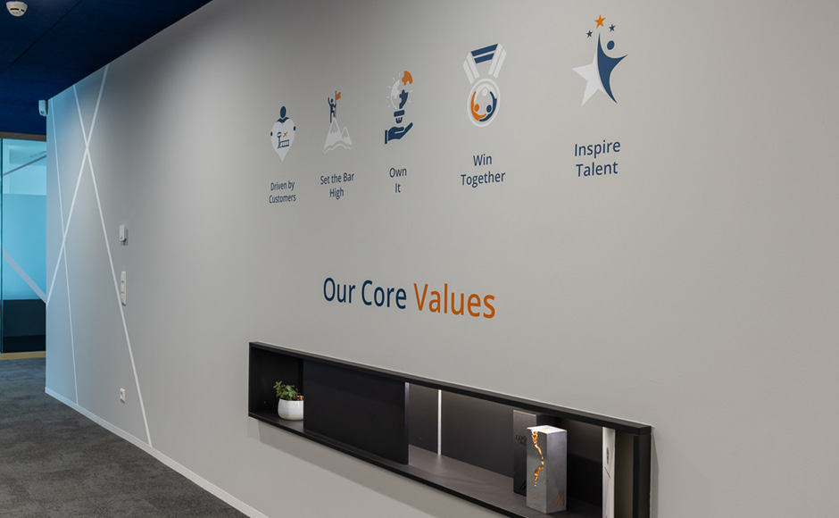 Die Core Values des Unternehmens ADB Safegate als grafische Wandgestaltung