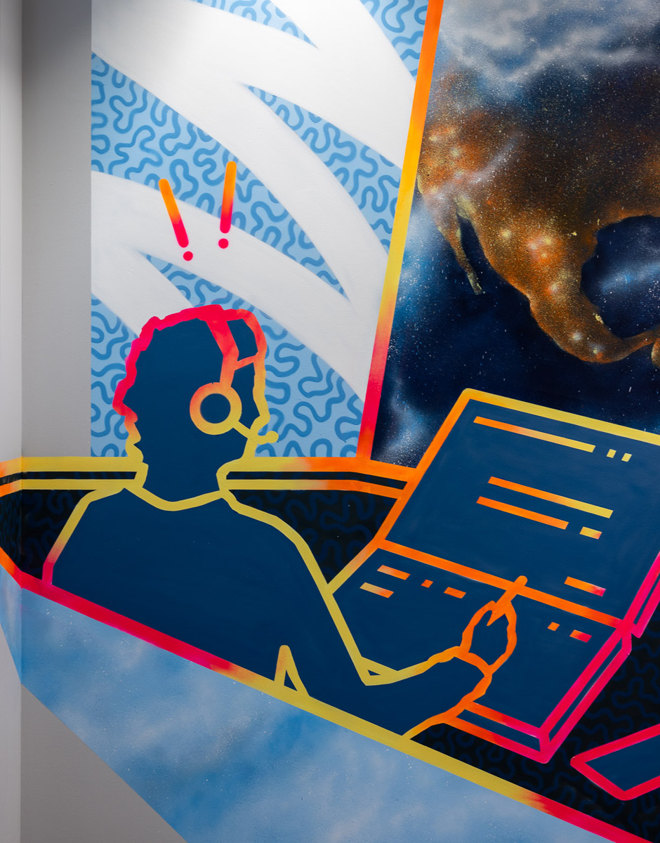 Detailansicht des Murals von Gernot Passath: Fluglotse im Tower