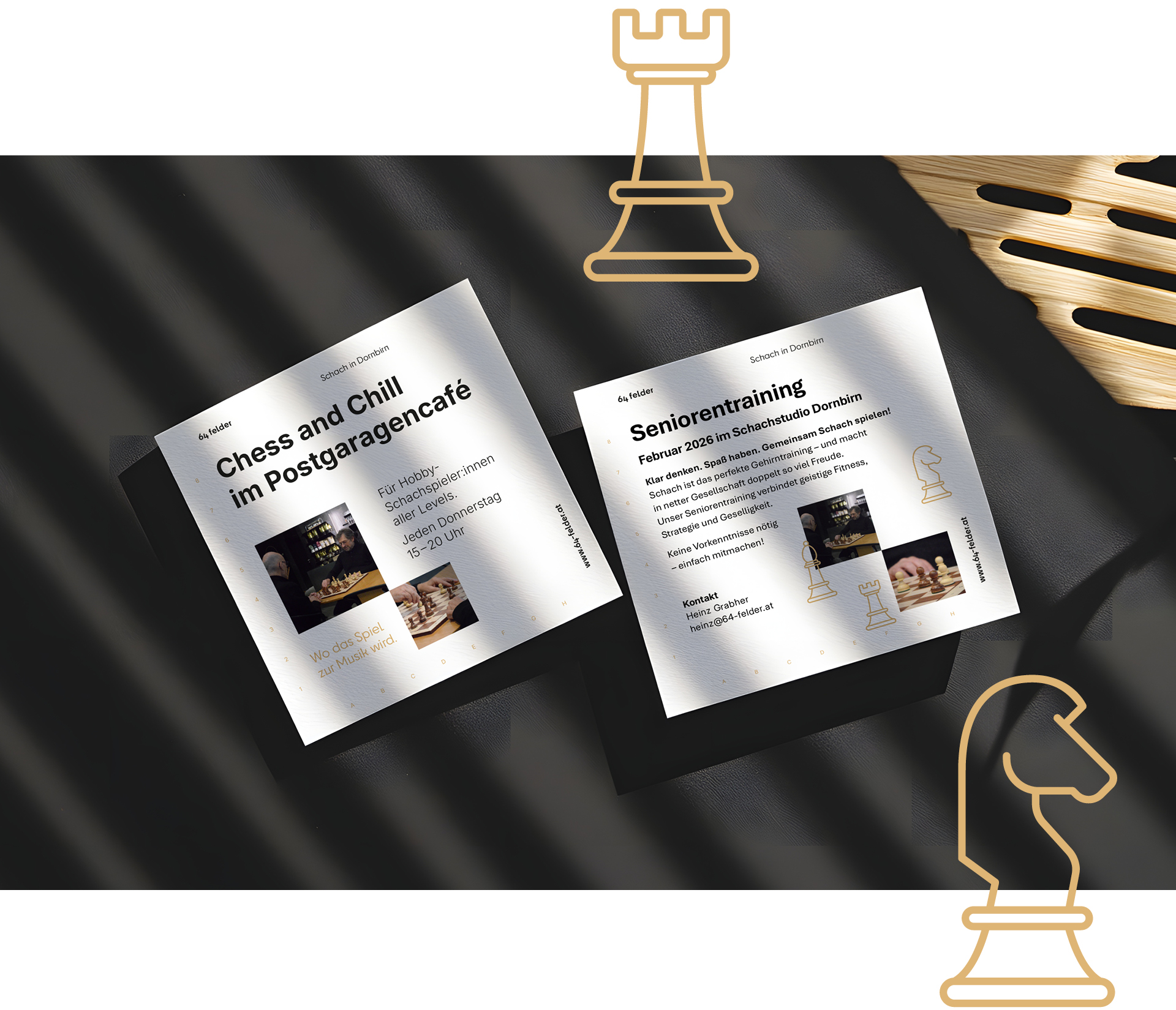 64 Felder – Schach in Dornbirn – quadratischer Flyer, Vorder- und Rückseite