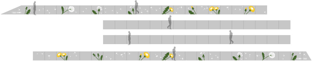Visualisierung der Inszenierung der Tram-Unterführung mittels Stencils und Sprühkreide mit Motiven von Löwenzahn und Pusteblume